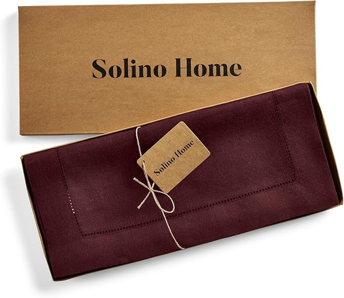 Solino Home Linen Burgundy Table Runner 156 Inches Long - 100% Pure Linen Extra Long Table Runner 14 x 156 Inch for Valentines - Classic Hemstitch