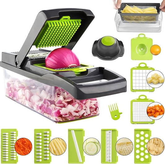 ADOV Vegetable Chopper, 14 in 1 Multi-Function Kitchen Mandoline Slicer, 7 Replaceable Stainless Steel Vegetable Cutter with Egg Separator Hand Guard Julienne Grater for Onion Potato Fruits (Grey)