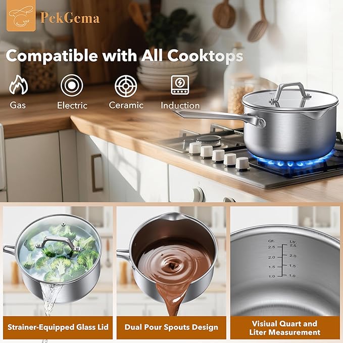 PekGema Stainless Steel Saucepan 3 Quart with Glass Strainer Lid, Thicken Tri-ply Full Sauce Pot, Two Side Spouts for Easy Pour, Dishwasher Safe, Induction Ready, Compatible with All Cooktops