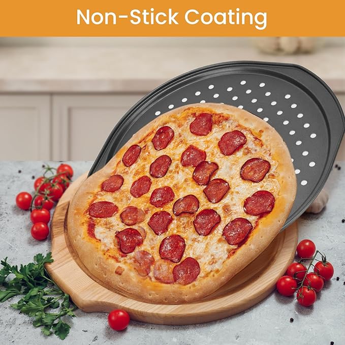BSDLZCH 13 Inch Pizza Pan for Oven, 2 Pack Round Pizza Pan with Holes Non-sticking Carbon Steel Pizza Tray with Handles Pizza Baking Pan for Cooking and Grilling Oven Safe