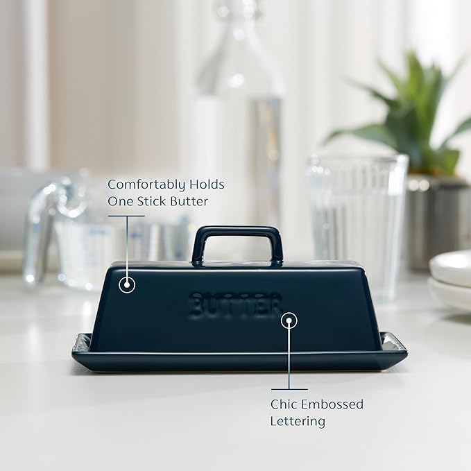 Butter Dish with Lid for Countertop, by Kook, Ceramic Dish Tray with Cover, Kitchen Keeper, Container, Holder (Navy Teal)
