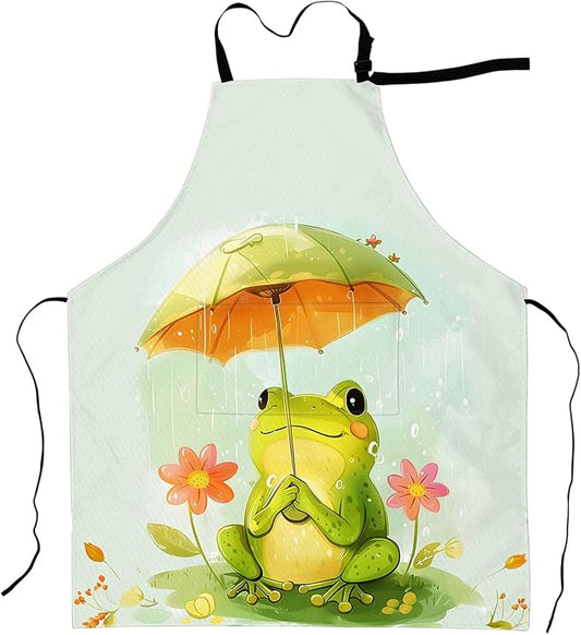 Cartoon Frog Apron Whimsical Toad with Umbrella and Flowers Aprons Waterproof Oxford Polyester Adjustable Pockets Design for Cooking, Crafting, Garden Decor, for Adults, 28x33 Inch
