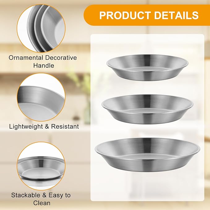 Tobeelec 3 Pcs Stainless Steel Pie Pan Set, Pizza Pan Deep Pie Dish Pie Plate Baking Tray Dishes for Pizza Baking Serving Oven Grill, 3 Sizes