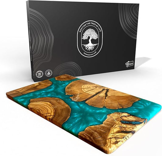 DESIGNIUM Handmade Olive Wood Cheese Board with Resin, Charcuterie Boards & Serving Tray, Wooden Epoxy Serving Board, Chopping and Cutting Board for Meat Vegetable & Fruit, Premium Gift for Kitchen