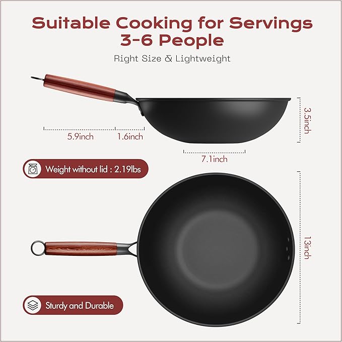 ziluetar Carbon Steel Wok 13-Inch Wok Pan with Glass Cover Silicone Spatula, Non-Stick Surface Woks & Stir-Fry Pans Pre-Seasoned Chinese Wok Pan for Induction, Electric, Gas Stoves Cooking