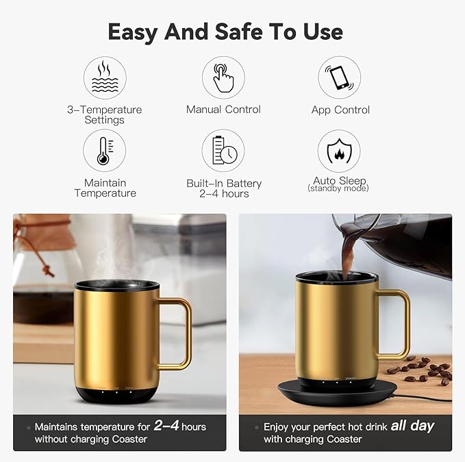 Vsitoo S3 Plus 14oz Heated Coffee Mug- Temperature Control Smart Mug with Mug Warmer, Auto-Sensing AI Heats Drinks to 120-150°F Hands-Free.Ideal for Home/Office/Gifts，Gold