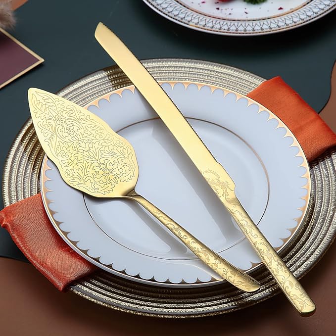 Berglander Gold Wedding Cake Knife and Server Set, Titanium Gold Plating With Unique Pattern Design Cake Cutter Serving Set Perfect For Wedding, Birthday, Parties and Events Dishwasher Safe