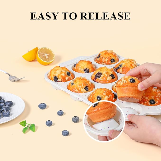 Vinino Silicone Muffin Pan for Baking with Metal Reinforced Frame, 12 Cups Regular Size Silicone Cupcake Pan with Non-Slip Handle, Nonstick Muffin Tray for Oven, BPA Free, Dishwasher Safe