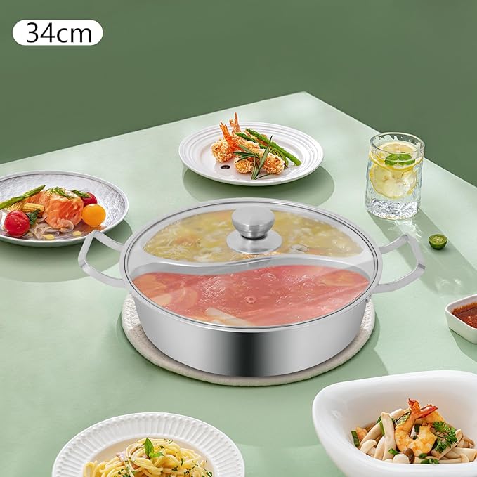 Double-flavor Hot Pot, Stainless Steel Soup Cookware with Divider & Clear Lid, for Induction Cooktop, Gas Stove & Hot Burner Shabu Pot with Cooking Pot for Family Gathering Home Camping Party (12.8in)