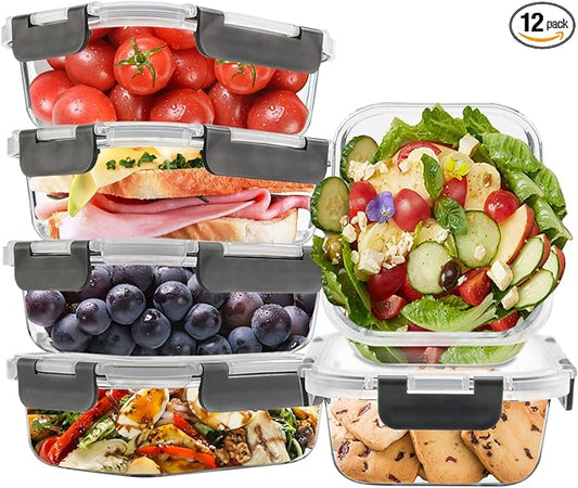 6Pack 22oz Glass Meal Prep Containers, Glass Food Storage Containers Sets with Snap Leak Proof Lids for Microwave, Oven, Freezer and Dishwasher Safe (Grey, 22oz)