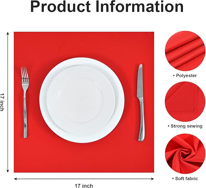 Wolkemer Set of 4 Red Cloth Napkins 17 x 17 Inches Solid Washable Polyester Dinner Napkins with Hemmed Edges for Dinners Parties Weddings Banquets Events Table Decoration