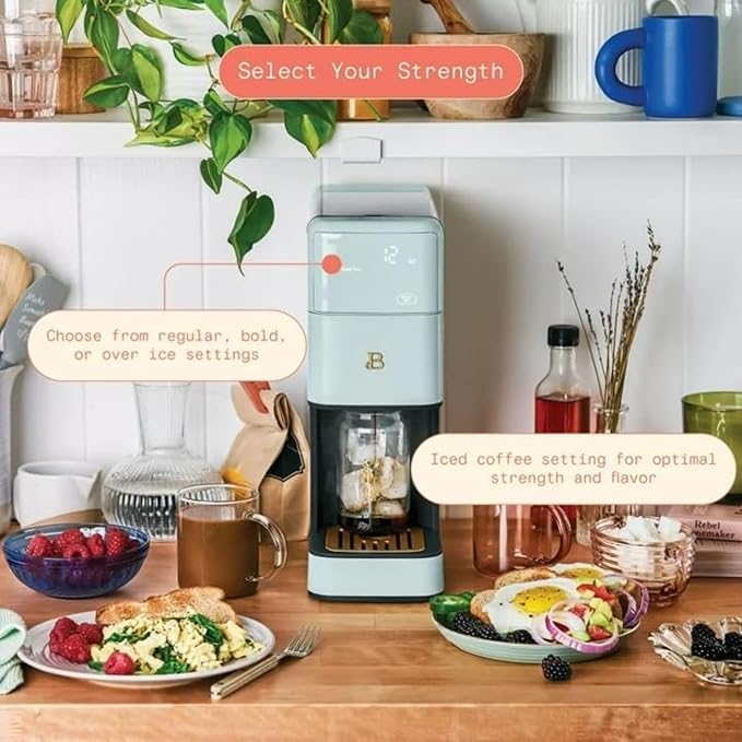 Beautiful Perfect Grind Programmable Single Serve Coffee Maker, Burr Grinder, 64 oz Reservoir, 6 Brew Sizes by Drew Barrymore (Hydrangea)