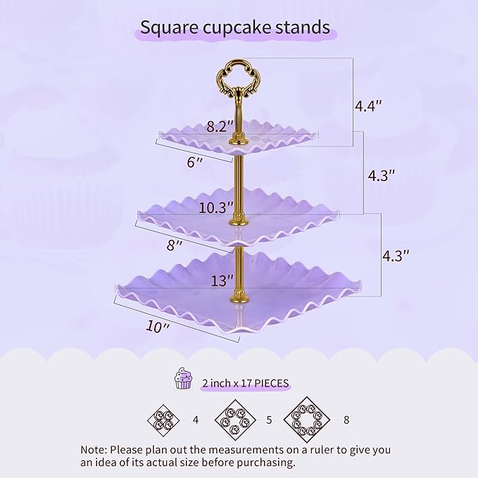 NWK 5 Piece Cake Stand Set with 2 x Large 3-Tier Cupcake Stands, 3 x Appetizer Trays, Perfect for Hosting Wedding Birthday Baby Bridal Shower Tea Party Decorations (Purple)