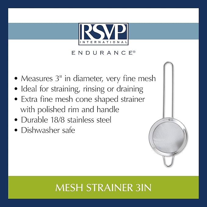 RSVP International Endurance Kitchen Collection, Stainless Steel Fine Mesh Conical Sieve/Colander, Multi-Purpose for Cooking, Baking, Loose Leaf Tea, Bar Strainer Cocktails, 3-Inch