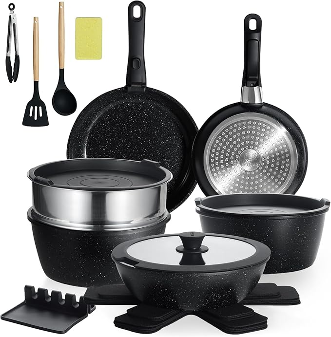 21PCS ceramic cookware set,Nonstick ceramic pan, Removable Handle pots and pans set, Stackable Pan Set, Nonstick Pots and Pans Set Non Stick(Black)