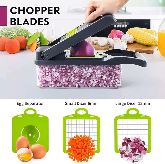 DOSTDR - Vegetable Chopper, Mandoline Slicer, Veggie Chopper, Food Chopper with Container, Vegetable Cutter for Onion Salad Vegetable Chopper, Fruit Slicer, Shredding, Multi-Function (Gray Green)