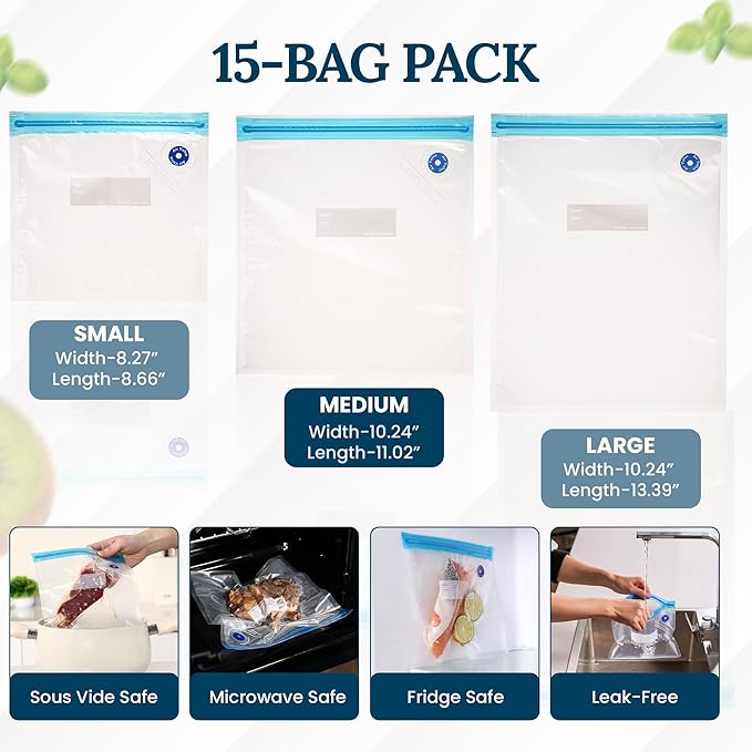 Food Vacuum Sealer Bags – 15 Pack Reusable Bags with Leakproof Zip Seal & Air Valve – Microwave, Freezer & Reusable Sous Vide (Medium)