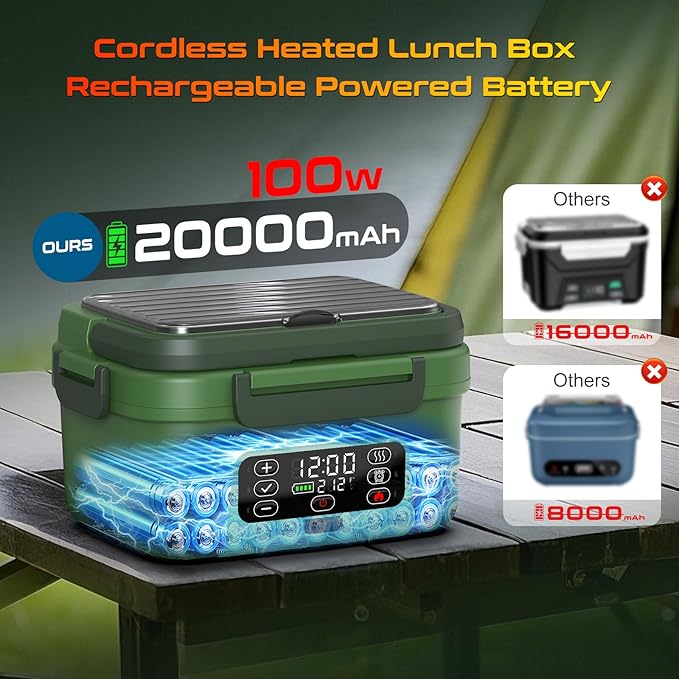 Cordless Electric Heated Lunch Box, XL 6.3Cups 20000mAh Rechargeable Food Warmer Lunch Box with Self Heating, Smart Timer, Adjustable Temperature, Leakproof, BPA Free, Removable Tray Divider