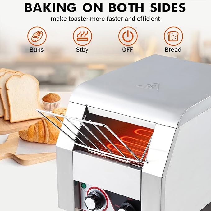 Commercial Conveyor Toaster, 450 Slices/Hour Stainless Steel Toaster Oven with Dual Heating & 7-Speed Belt for Bagels/Buns/Bread in Cafes/Buffets