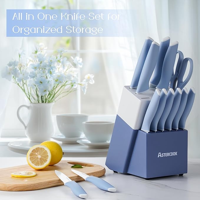 Astercook Kitchen Knife Set with Block and Sharpener 15 Piece Ceramic Coating German High Carbon Stainless Steel Knives Sharp Blade Dishwasher Safe Deba Knives with Ergonomic Handle, Delicate Blue