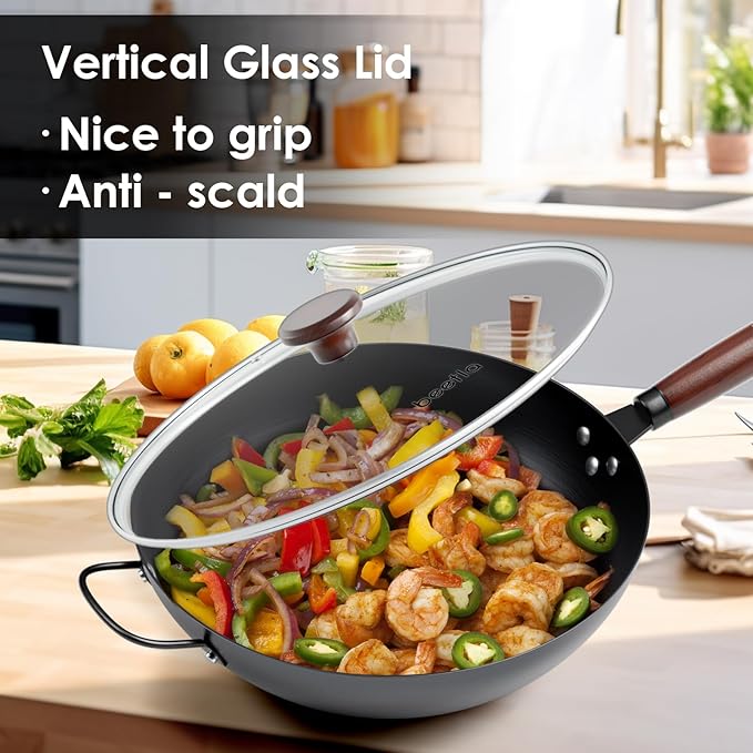 BEETLA Steel Wok Pan, 11.8-inch/12.6-inch/13.4-inch Stir Fry Pans Chinese Wok Flat bottom Iron wok for Induction, Electric, Gas, Halogen All Stoves Ideal for Stovetop Cooking (13.4-inch)