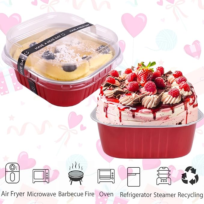BZIDII 10oz Mini Cake Pans With Lids 50 Pack Aluminum Foil Square Brownie Baking Cups,4”x4” Disposable Loaf Pans With Lids and Spoons Stickers,Large Cupcake Pans Muffin Cake Tins Cake Container(Red)