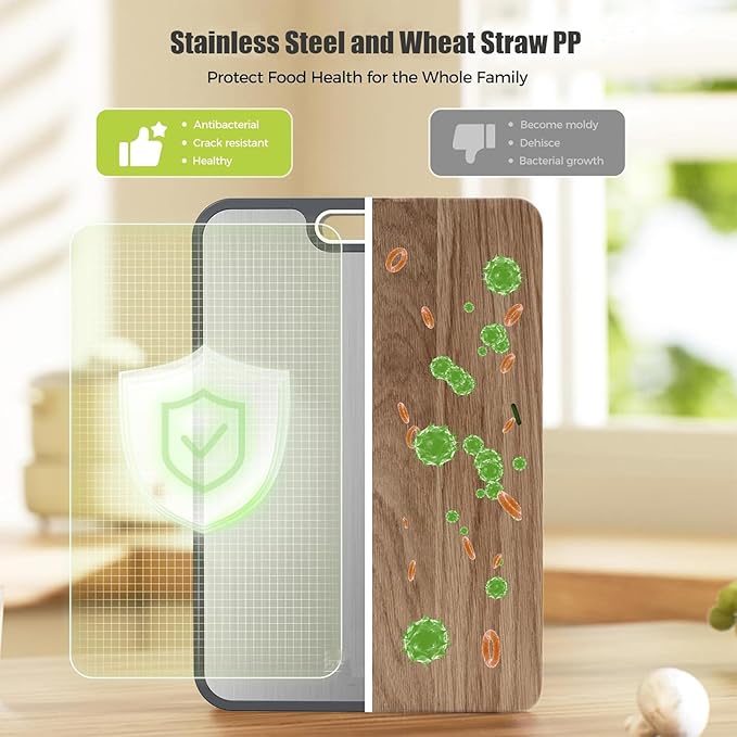Wekayli Stainless Steel Cutting Boards for Kitchen, Non Toxic 2-in-1 Cutting Board Double Sided, Food Grade Chopping Boards for Fresh Meat Vegetable, Easy to Clean,15”×10