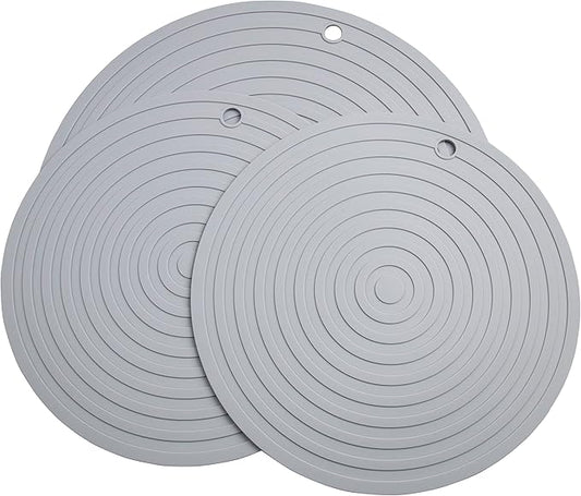 Silicone Trivets Mats for Pots and Pans, Heat Resistant Pot Holders, Flexible Hot Pads for Kitchen Table, Non Slip Mats, Dia11.81 and 9.45 Inches Big Round Microwave Mats Pack 3 Light Gray