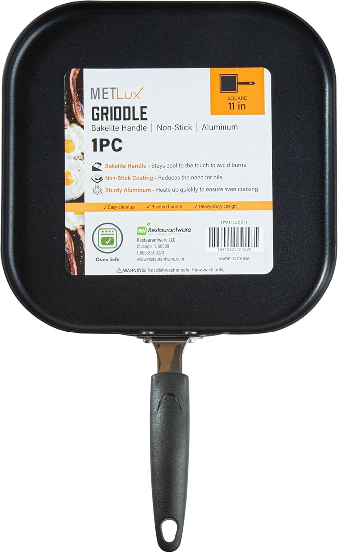 Restaurantware-Met Lux 11.3 Inch Square Griddles With Stay-Cool Handle, 10 No-Stick Flat Top Grills - Compatible With Gas And Electric, Durable, Aluminum Griddle Pans, Even-Heating, For Cooking Eggs