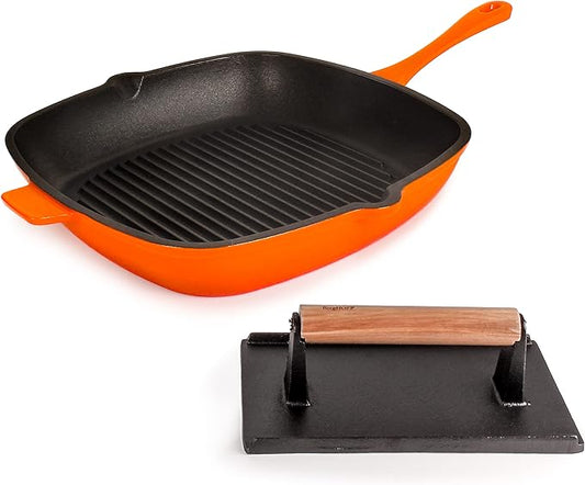 Berghoff Neo 2Pc Enameled Cast Iron Grill Set, Grill Pan 11 inches, Bacon/Steak Press 8 inches, Fast, Evenly Heat, Oven safe (Orange)