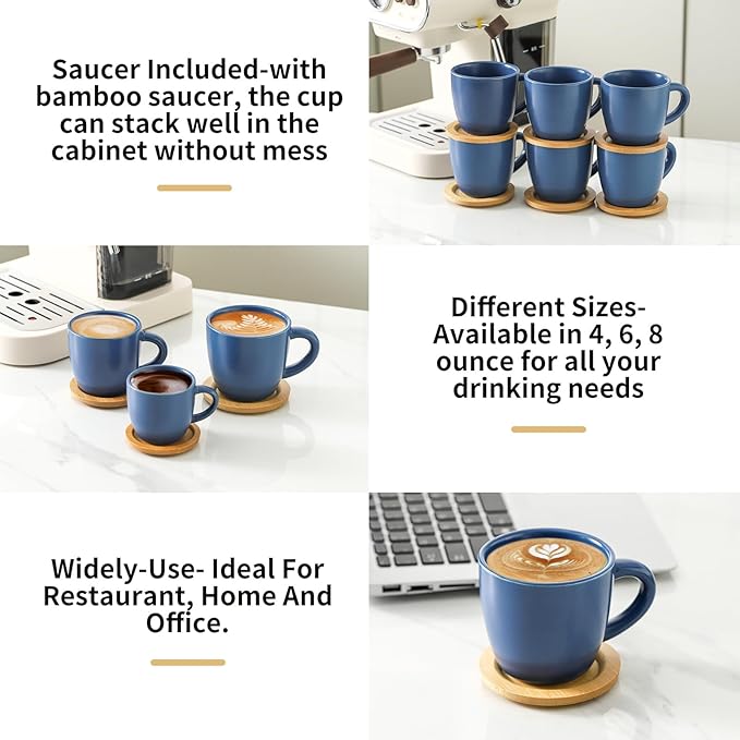 HASENSE 8 OZ Cappuccino Cups with Saucers, Ceramic Espresso Cups Set of 6, Coffee Cup with Handle for Double Shot, Latte, Mocha, Espresso Cups for Home and Office,Blue