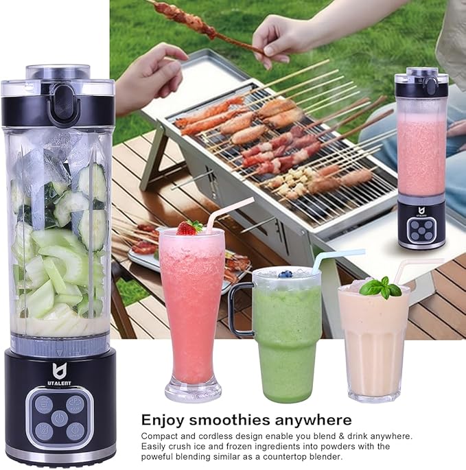 UTALENT Cordless Portable Blender, 25 oz removable Vessel, Powerful Personal Blender, For-Smoothies, Ice Crush, 4 Programs, Leakproof-Lid & Sip Spout, USB-C Rechargeable, Dishwasher Safe Parts, Black