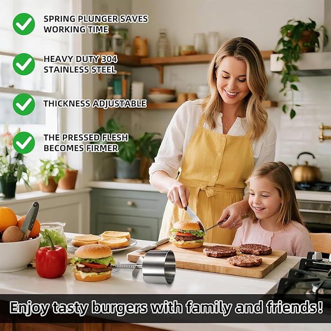 304 Stainless Steel Burger Press, Heavy Duty Adjustable Hamburger Meat Press Maker, Non-Stick Stuffed Patty Molds with150 PCS Hamburger Patty Paper for Beef, Vegetables, Meat, BBQ, Party Grill