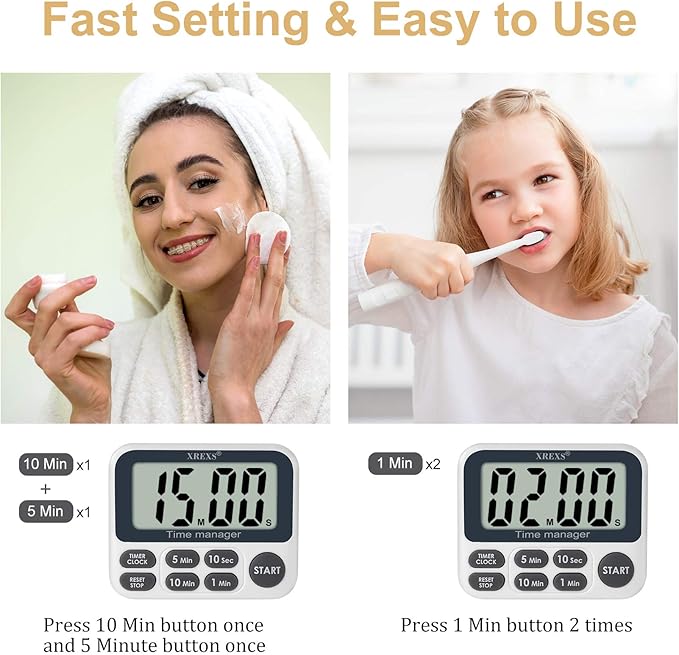 XREXS Digital Kitchen Timer, Magnetic Countdown Up Cooking Timer with Large LCD Display, Adjustable Volume, Loud Alarm & Strong Magnet for Teachers (Batteries Included)