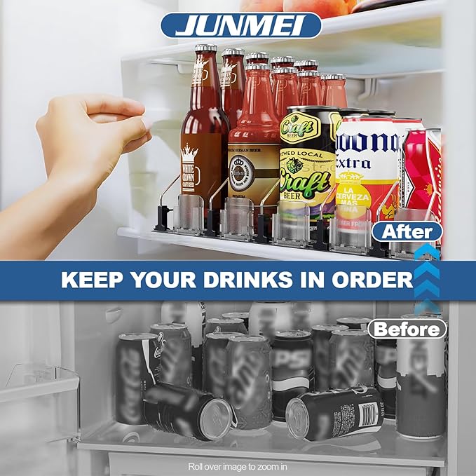 Drink Organizer for Fridge,12oz 16oz 20oz - Soda Can Dispenser for Refrigerator,Width Adjustable,Automatic Pusher Glide (White, 15"D 3ROW,Holds 15 Cans)