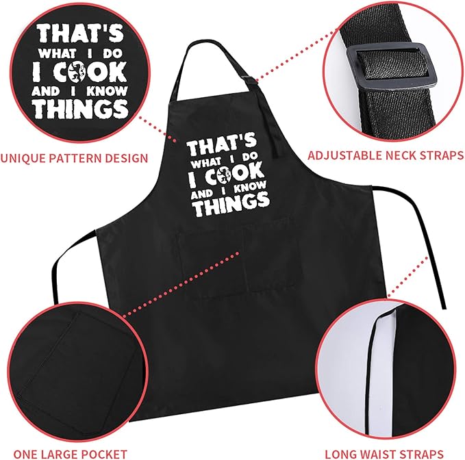 Rosoz Funny BBQ Black Chef Aprons for Men, I Cook and I Know Things Adjustable Kitchen Cooking Aprons with Pocket Waterproof Oil Proof Father’s Day/Birthday