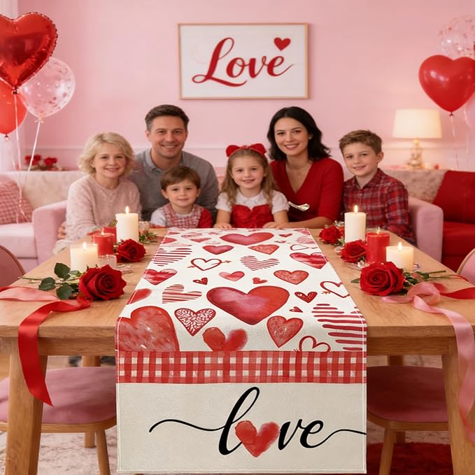 Valentine's Day Table Runner Decorations, Linen Red Table Scarf for Home Kitchen Dining Table Decoration Valentine Party Heart Shaped Decor Holiday Farmhouse Rustic Table Runner（13 x 72 Inch）