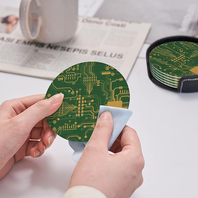 Green Circuit Board Leather Drink Coasters Set of 6 with Holder Round Cup Coaster for Table Decor