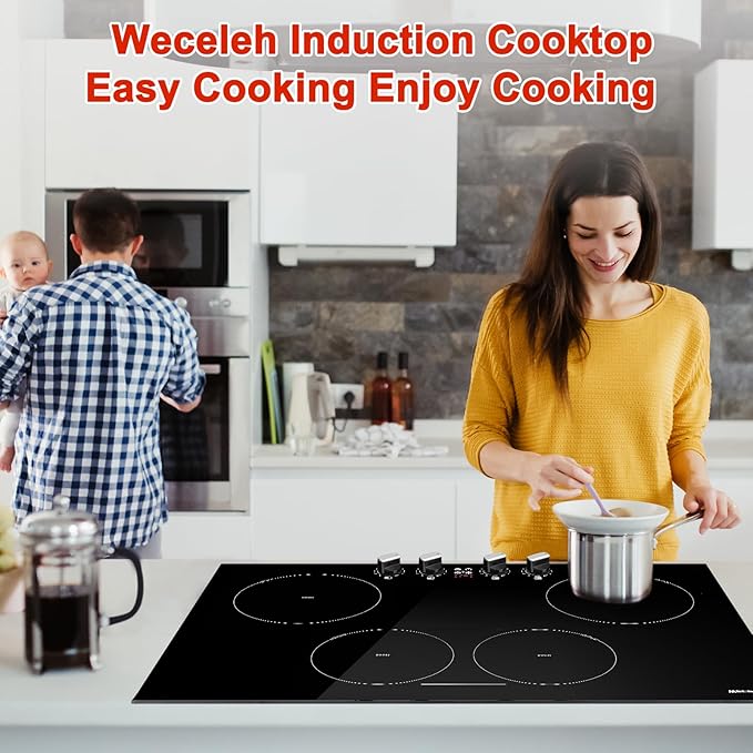 30 Inch Induction Cooktop 4 Burner with Bridge Element, 7800W Built-in Stove Top, Booster Function, 10 Power Levels, Timer & Child Safety Lock, Knob Control, 220-240V