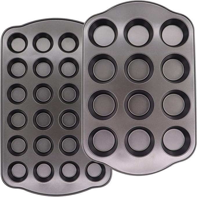 JOHO BAKING 12+24 Muffin Pan Set (2 Pack) - Nonstick Cupcake Tins Dark Gray | Heavy Duty Carbon Steel, Rustproof, Oven Safe Baking Gift