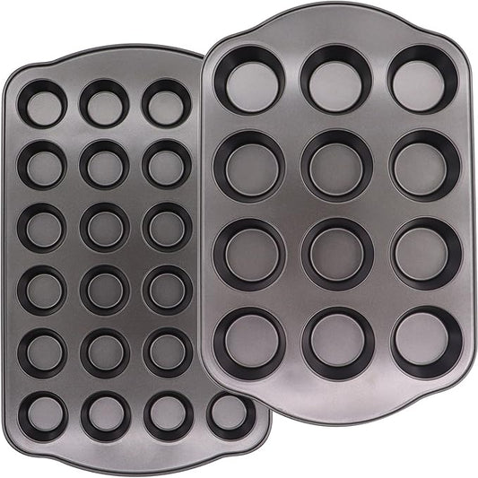 JOHO BAKING 12+24 Muffin Pan Set (2 Pack) - Nonstick Cupcake Tins Dark Gray | Heavy Duty Carbon Steel, Rustproof, Oven Safe Baking Gift