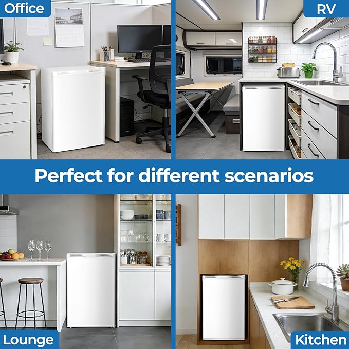 4.5 Cu.ft Mini Fridge with Freezer, Compact Refrigerator with Reversible Single Door, Adjustable Thermostat, Low Noise, Energy Efficient for Office, Dorm, Bedroom, Apartment White