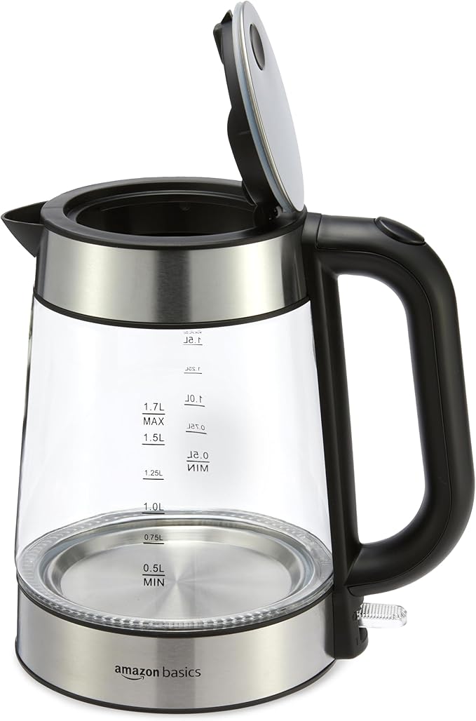 Amazon Basics Electric Kettle with Glass Carafe for Tea and Coffee, BPA-Free, Fast Boiling, Auto Shut-Off, 1.7 Liter, 1500W, Black and Silver