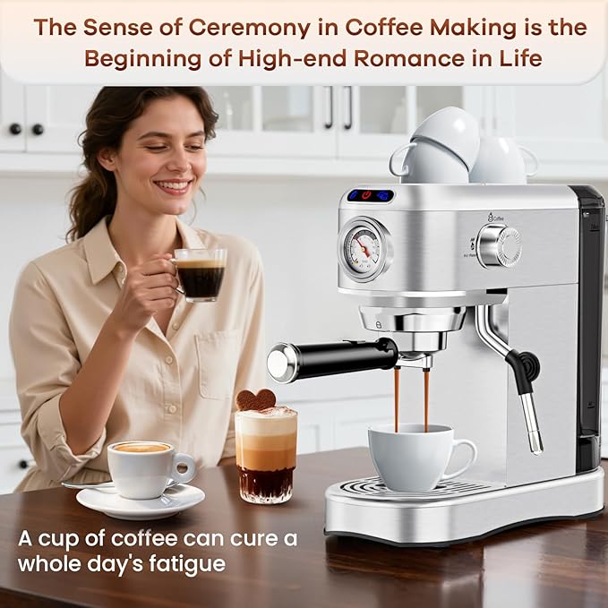 ANYCOLD Espresso Machine, 20 Bar Compact Espresso Maker with Steam Milk Frother, Stainless Steel Expresso Machines for Home, 34oz Removable Water Tank for Latte, Cappuccino, Silver