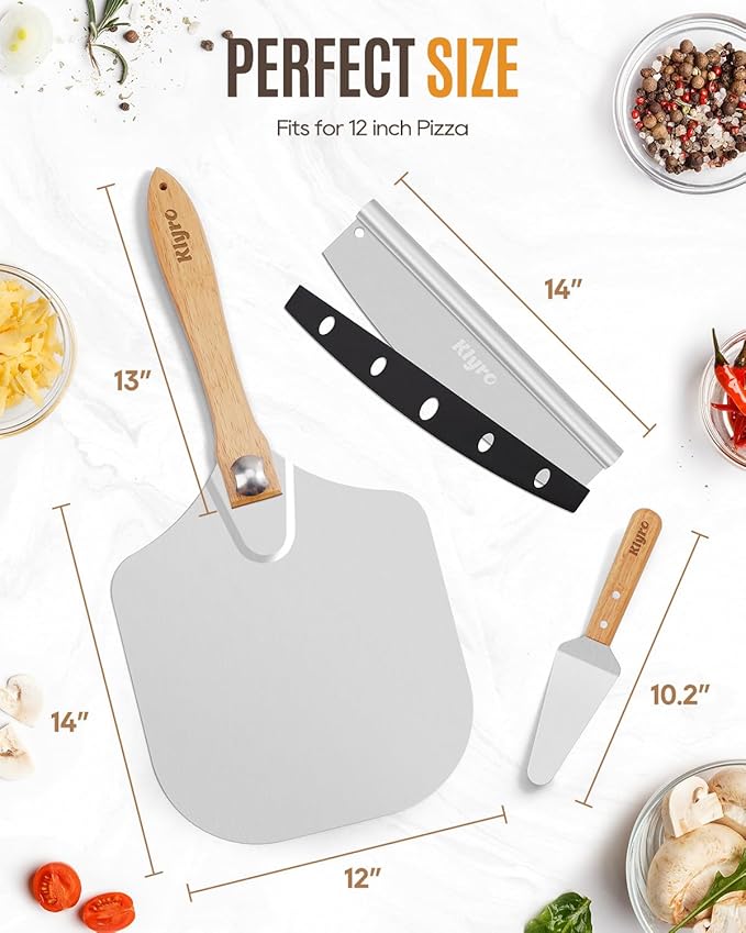 KLYRO Pizza Peel Aluminum Pizza Spatula Set, 12 x 14 Inch Metal Pizza Paddle with Foldable Wooden Handle, Pizza Rocker Cutter, Pizza Server, Pizza Oven Accessories for Baking Homemade Pizza Bread