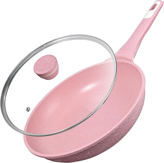 Xuanying 10 Inch Non Stick Frying Pans with Lid - 100% PFOA PFAS Free, Super Nonstick, All Stovetop Compatible Induction Gas Electric, Omelette & Egg Pan, Dishwasher Safe, Eco-Friendly Pink Pan