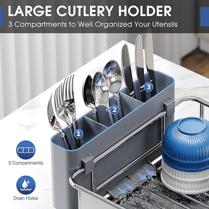 Stainless Steel Dish Drying Rack - Grade Large Capacity Kitchen Counter Organizer with Drain Board, Utensil Holder & Detachable Cup Shelf, 304 Surgical-Grade Rust-Proof Dish Drainer, Easy Assembly