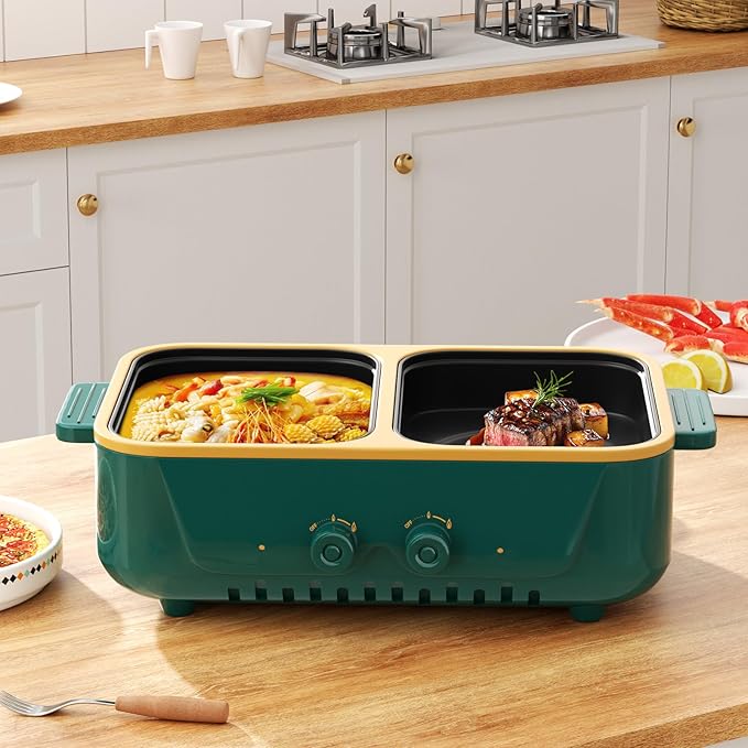 2-in-1 Electric Hot Pot and Grill Combo,1000W Dual Temper Control, Fast Heating - Indoor Cooking Appliance for BBQ, Steaks, Noodles & More - Suitable for Up to 4 People (Green T)