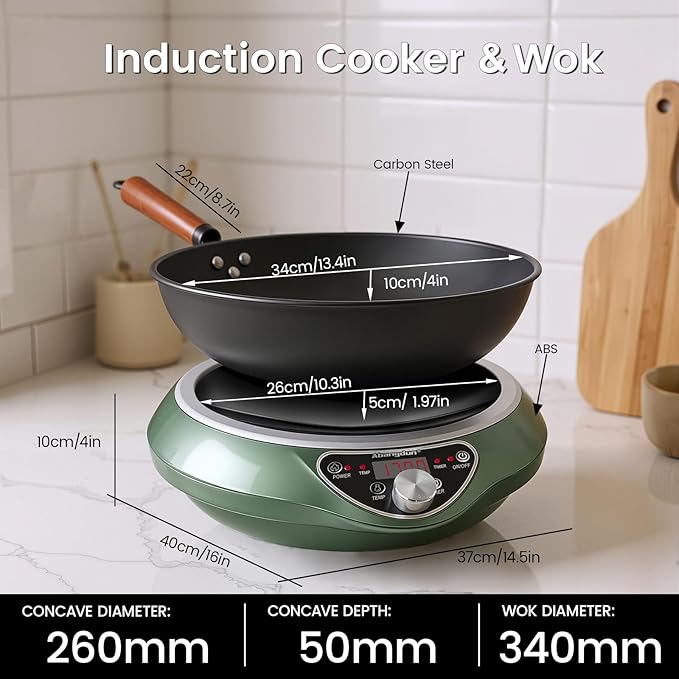 Abangdun 1700W 120V Wok Induction Cooktop,Non-Pulse Heating,16 Levels,18H Timer,13.4" Nitrided Carbon Steel Wok Set w/Lid&Steaming Rack,Round-Bottom Wok+ Flat Pan Compatible (<9"), Wok-Style Stir-Fry