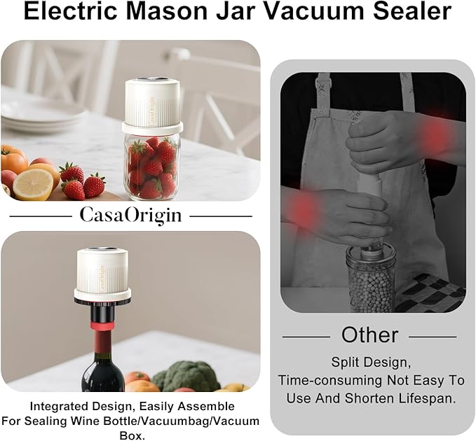 Electric Mason Jar Vacuum Sealer Kit for Wide & Regular Mouth Jars, Automatic Jar Sealer for Canning and Food Storage, Includes Lids & Vcuum Bags